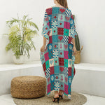 Retro Nautical Patchwork Pattern Print Silk V-Neck Kaftan Dress
