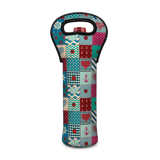 Retro Nautical Patchwork Pattern Print Single Neoprene Wine Tote