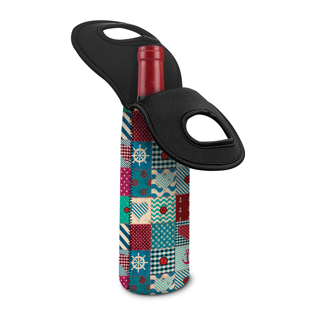 Retro Nautical Patchwork Pattern Print Single Neoprene Wine Tote