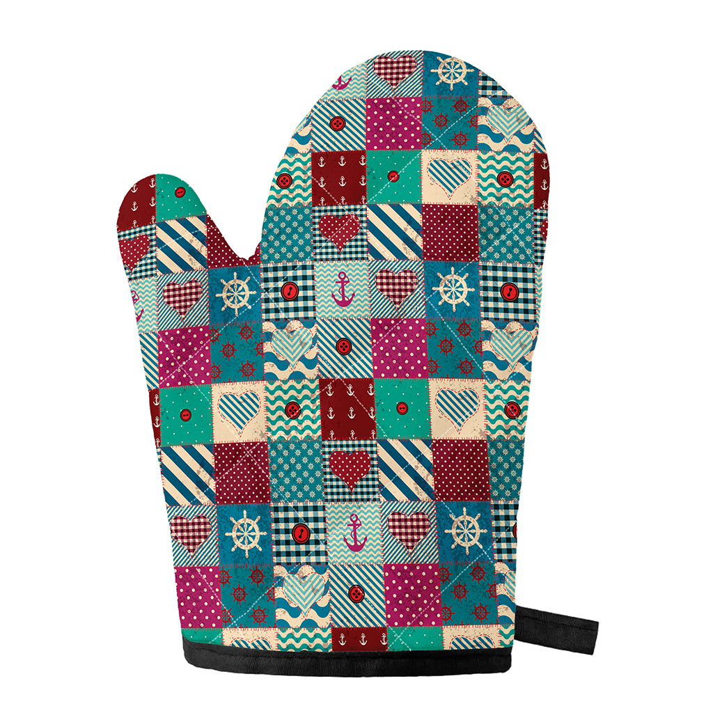 Retro Nautical Patchwork Pattern Print Single Oven Mitt