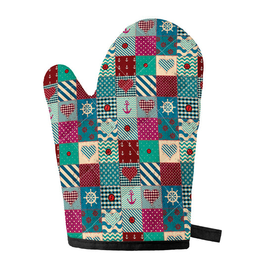 Retro Nautical Patchwork Pattern Print Single Oven Mitt