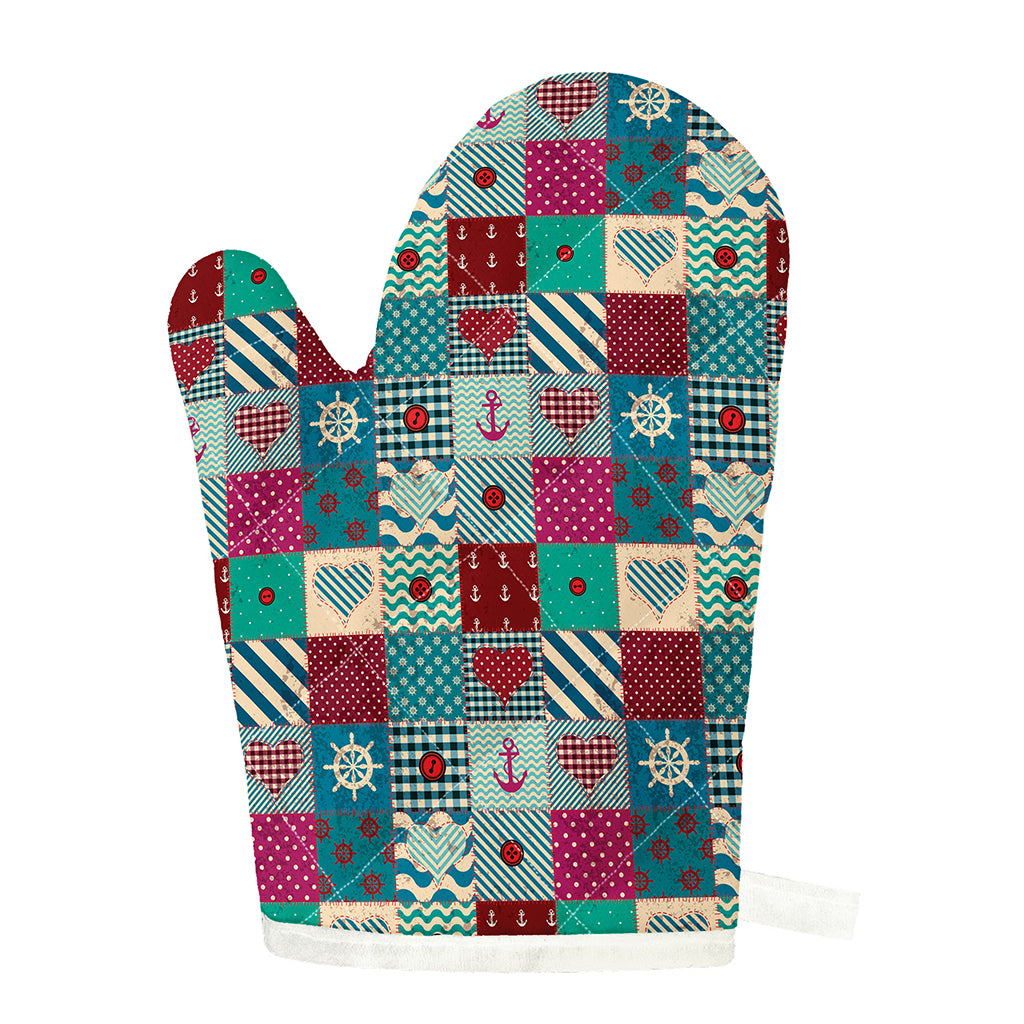 Retro Nautical Patchwork Pattern Print Single Oven Mitt