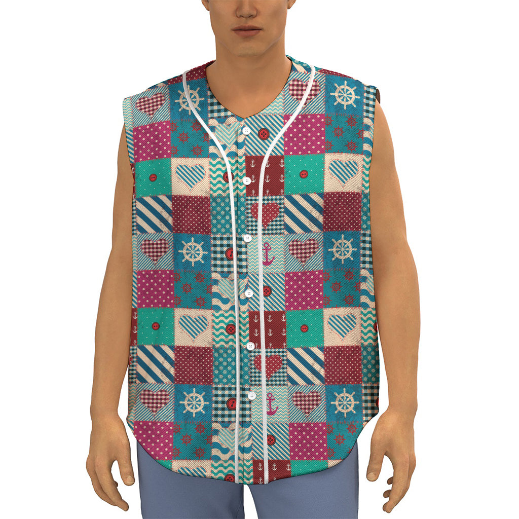 Retro Nautical Patchwork Pattern Print Sleeveless Baseball Jersey