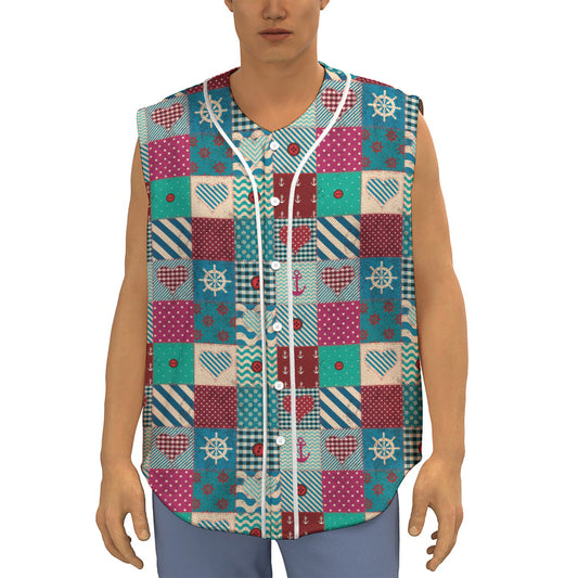 Retro Nautical Patchwork Pattern Print Sleeveless Baseball Jersey