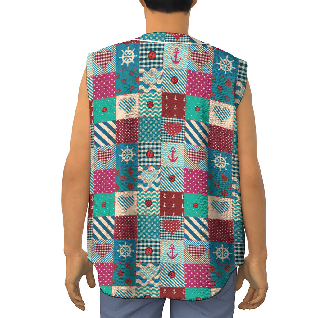 Retro Nautical Patchwork Pattern Print Sleeveless Baseball Jersey