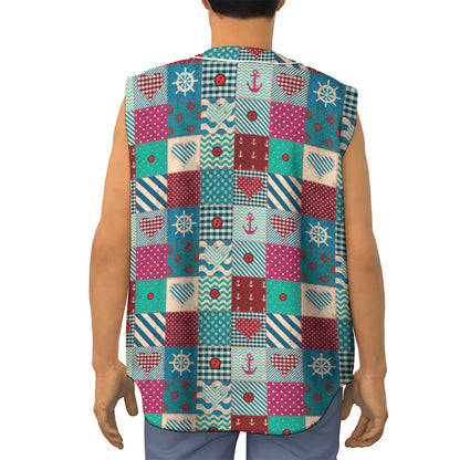 Retro Nautical Patchwork Pattern Print Sleeveless Baseball Jersey