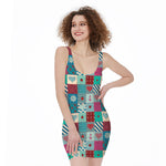 Retro Nautical Patchwork Pattern Print Sleeveless Bodycon Dress