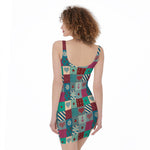 Retro Nautical Patchwork Pattern Print Sleeveless Bodycon Dress