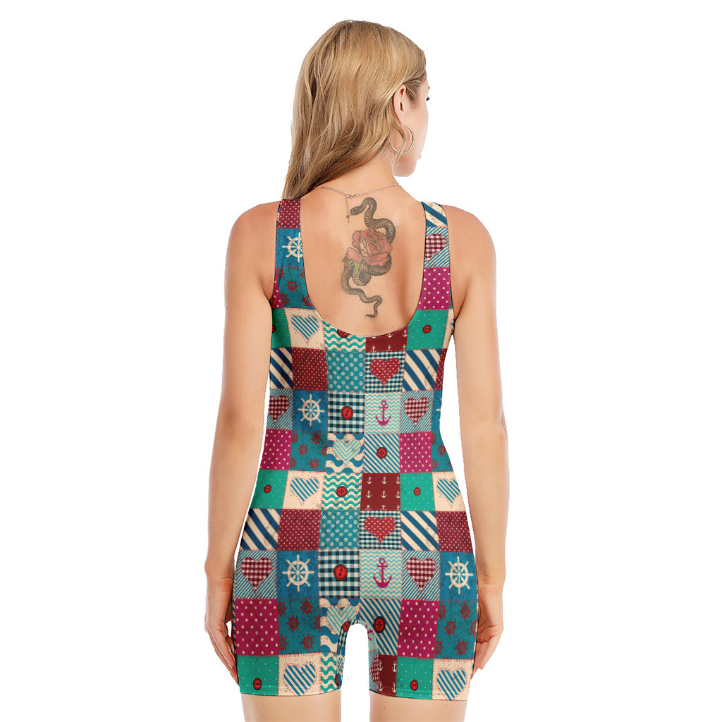 Retro Nautical Patchwork Pattern Print Sleeveless One Piece Swimsuit