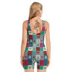 Retro Nautical Patchwork Pattern Print Sleeveless One Piece Swimsuit