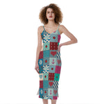 Retro Nautical Patchwork Pattern Print Slim Fit Midi Cami Dress