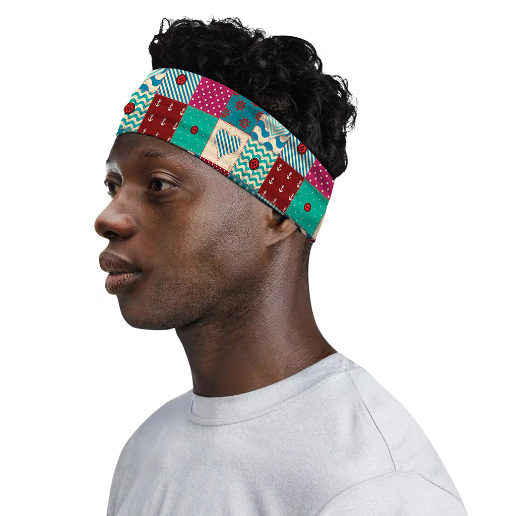 Retro Nautical Patchwork Pattern Print Sports Headband
