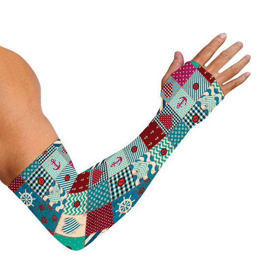 Retro Nautical Patchwork Pattern Print Sun Protection Arm Sleeves