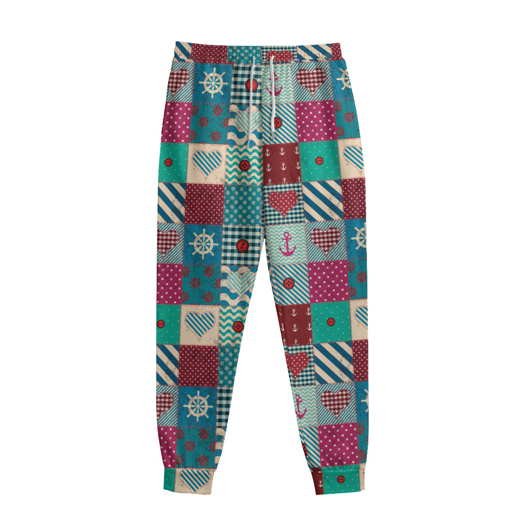 Retro Nautical Patchwork Pattern Print Sweatpants