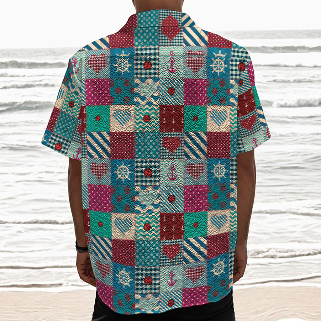 Retro Nautical Patchwork Pattern Print Textured Short Sleeve Shirt