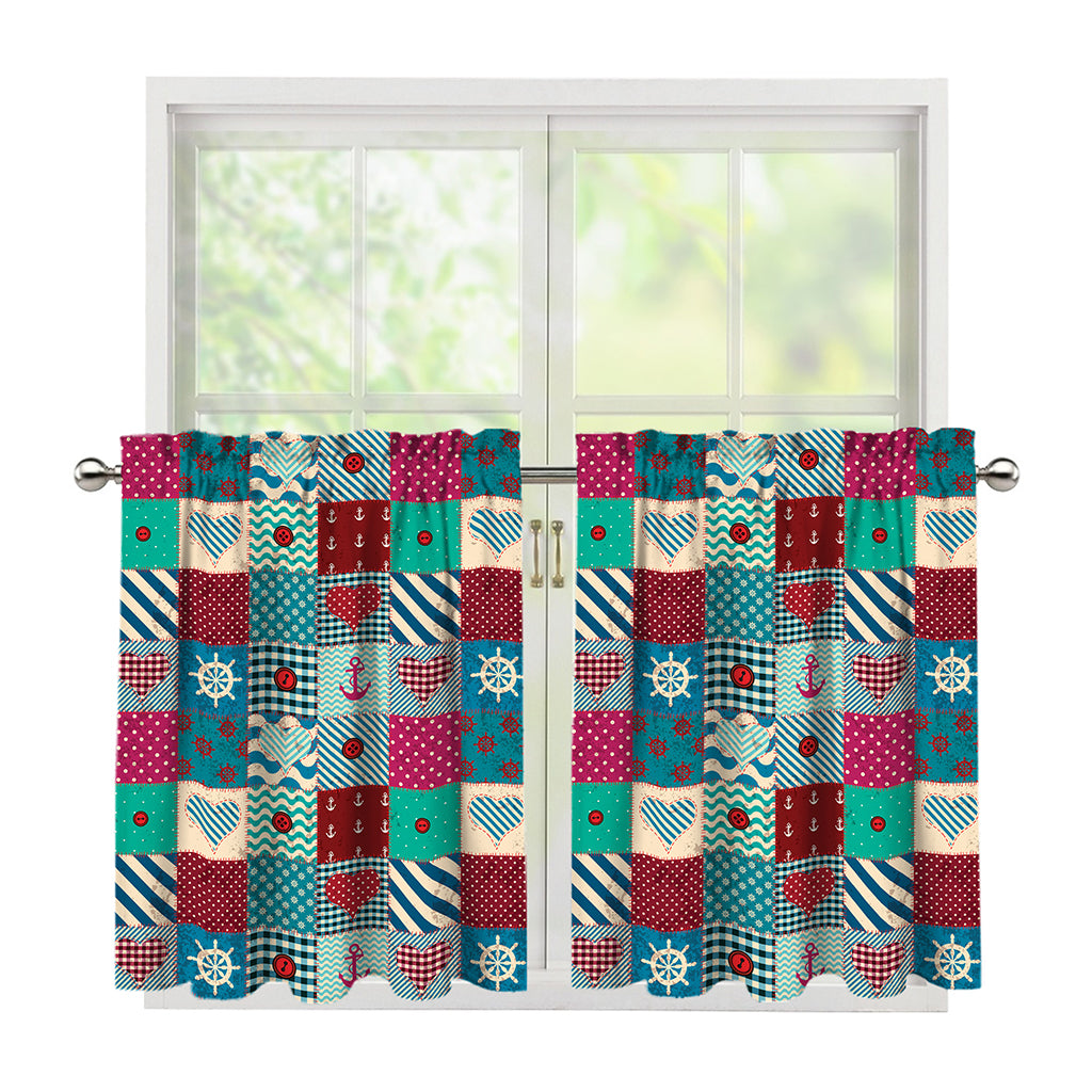 Retro Nautical Patchwork Pattern Print Tier Curtains