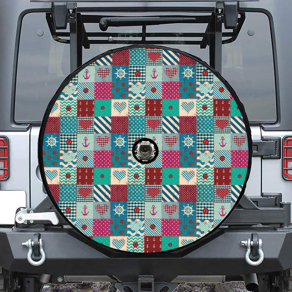 Retro Nautical Patchwork Pattern Print Tire Cover With Camera Hole