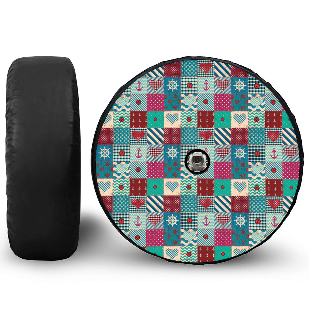 Retro Nautical Patchwork Pattern Print Tire Cover With Camera Hole