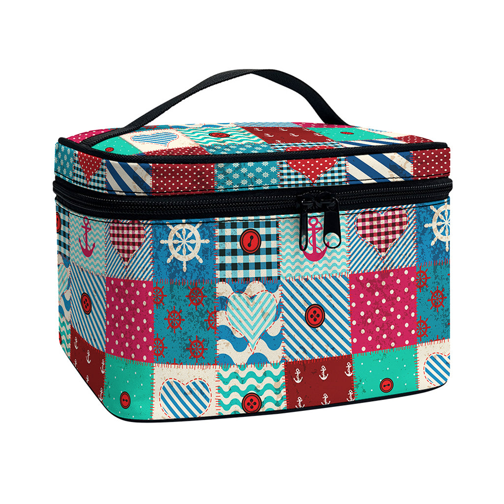 Retro Nautical Patchwork Pattern Print Travel Makeup Bag