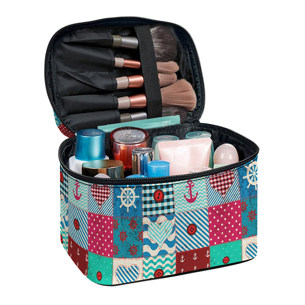 Retro Nautical Patchwork Pattern Print Travel Makeup Bag