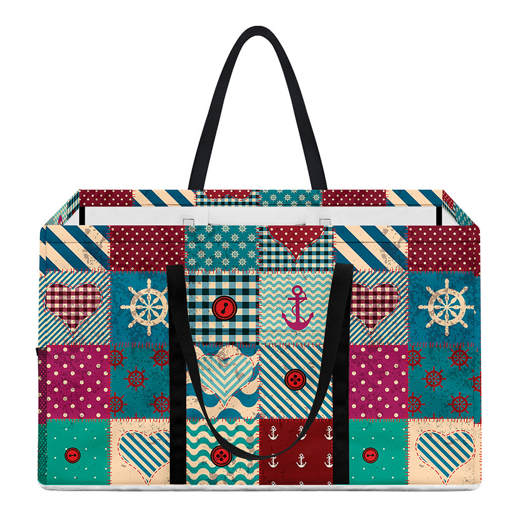 Retro Nautical Patchwork Pattern Print Utility Tote Bag