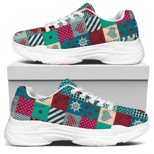 Retro Nautical Patchwork Pattern Print White Chunky Shoes