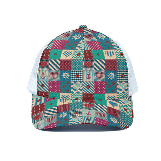 Retro Nautical Patchwork Pattern Print White Mesh Trucker Cap