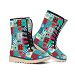Retro Nautical Patchwork Pattern Print Winter Boots