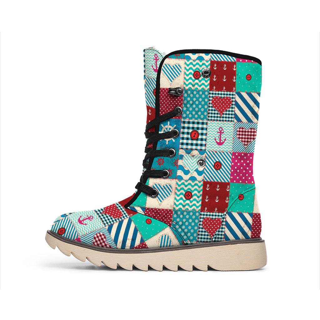 Retro Nautical Patchwork Pattern Print Winter Boots