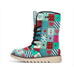 Retro Nautical Patchwork Pattern Print Winter Boots