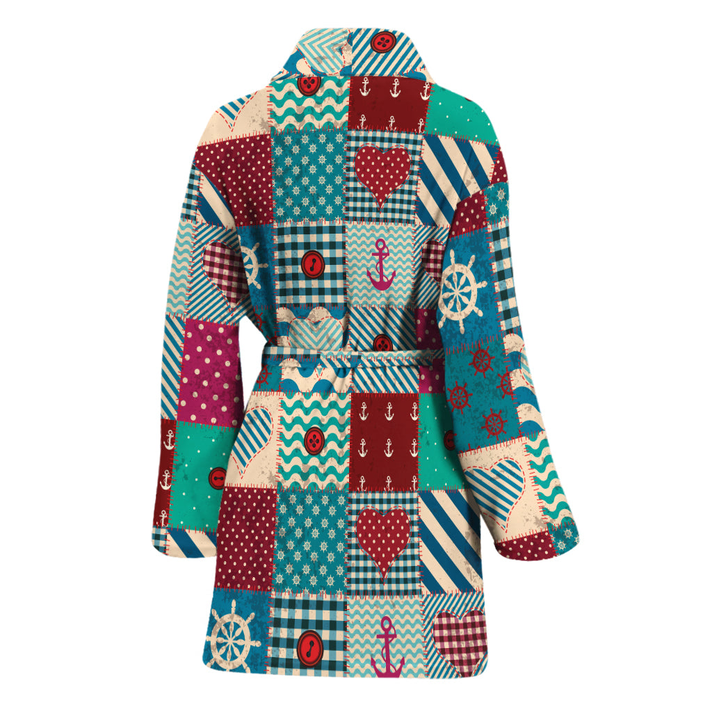 Retro Nautical Patchwork Pattern Print Women's Bathrobe