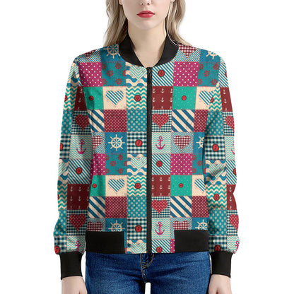 Retro Nautical Patchwork Pattern Print Women's Bomber Jacket