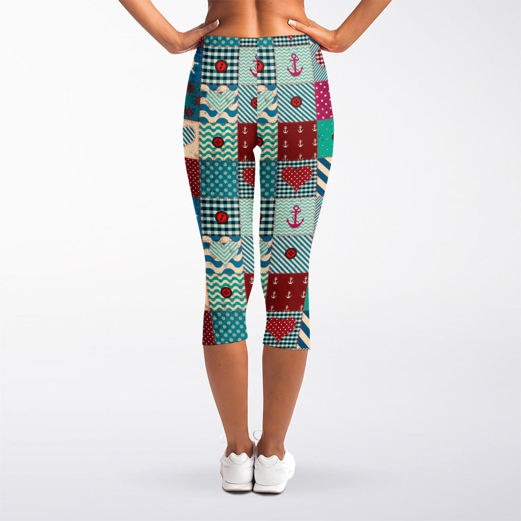 Retro Nautical Patchwork Pattern Print Women's Capri Leggings