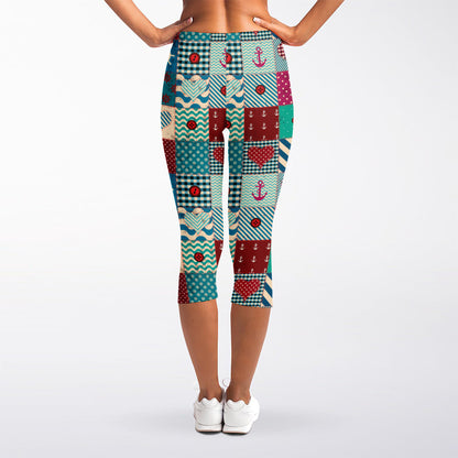 Retro Nautical Patchwork Pattern Print Women's Capri Leggings