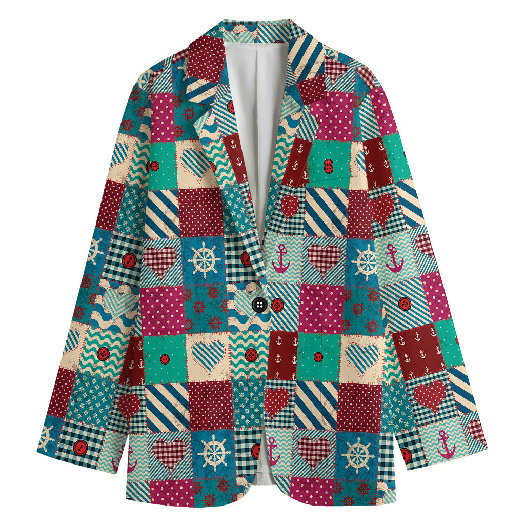 Retro Nautical Patchwork Pattern Print Women's Cotton Blazer