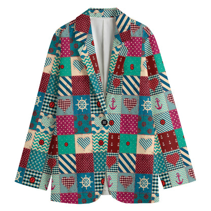 Retro Nautical Patchwork Pattern Print Women's Cotton Blazer