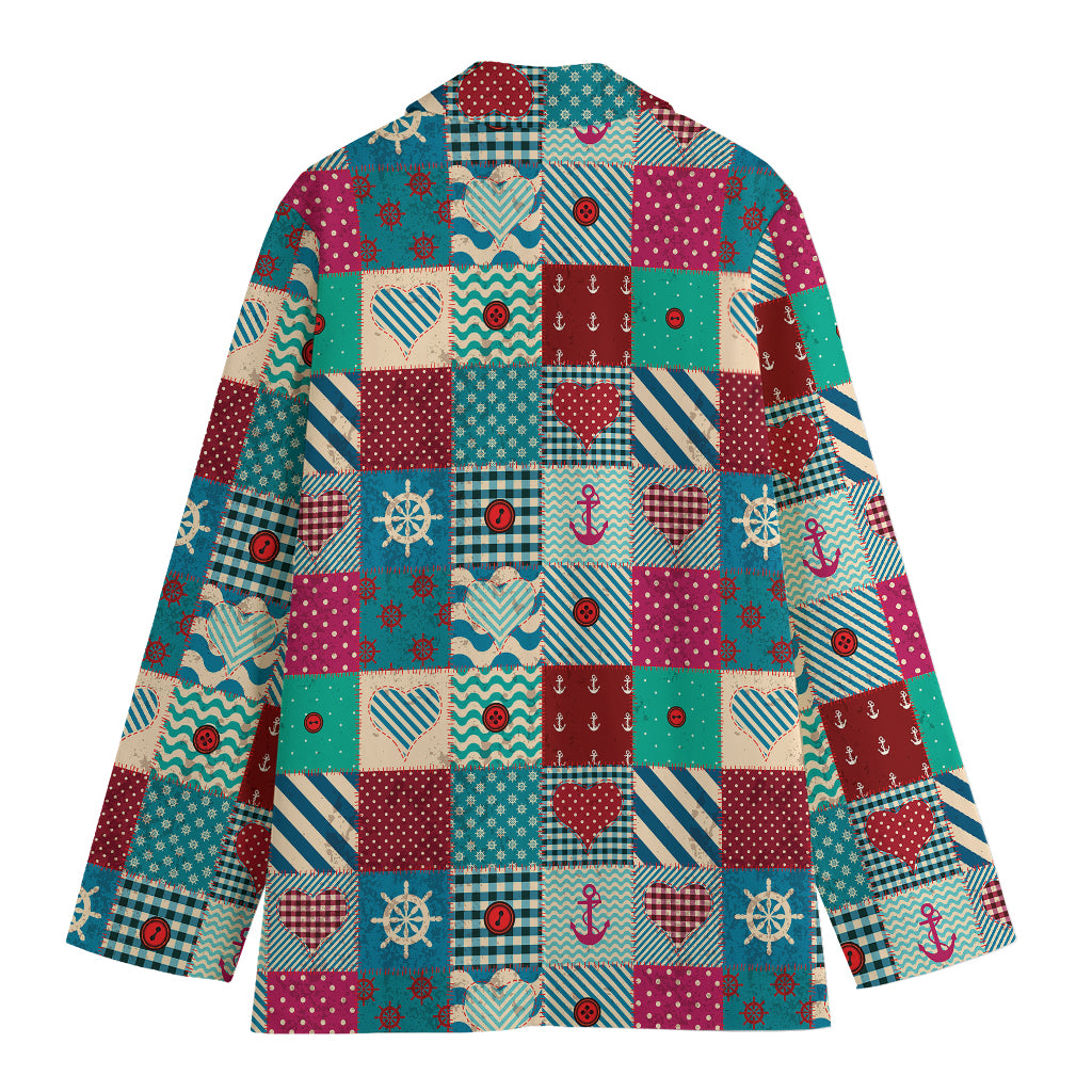 Retro Nautical Patchwork Pattern Print Women's Cotton Blazer