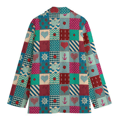 Retro Nautical Patchwork Pattern Print Women's Cotton Blazer