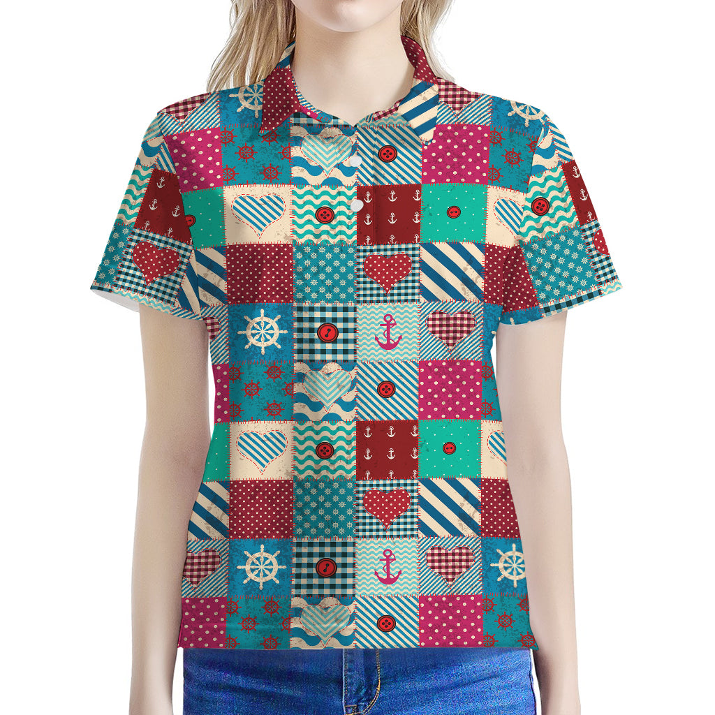 Retro Nautical Patchwork Pattern Print Women's Polo Shirt