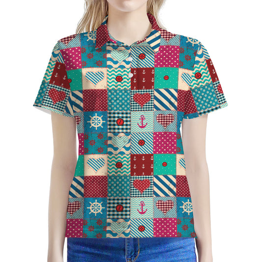 Retro Nautical Patchwork Pattern Print Women's Polo Shirt