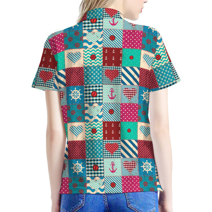 Retro Nautical Patchwork Pattern Print Women's Polo Shirt