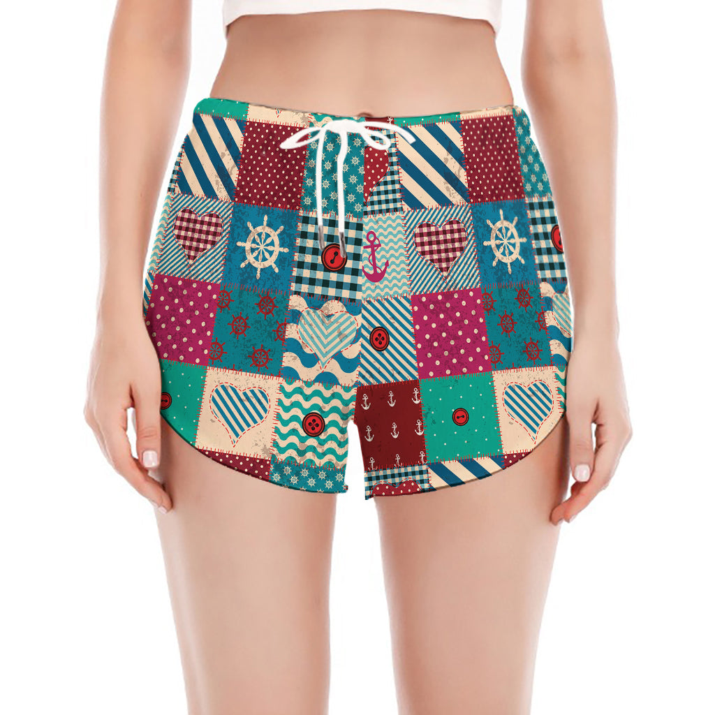 Retro Nautical Patchwork Pattern Print Women's Split Running Shorts