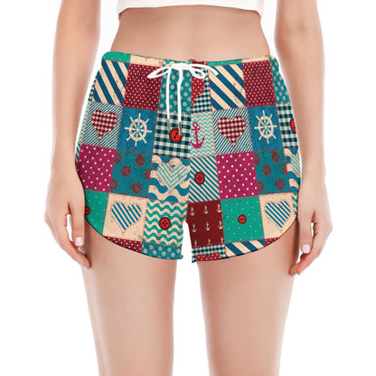 Retro Nautical Patchwork Pattern Print Women's Split Running Shorts