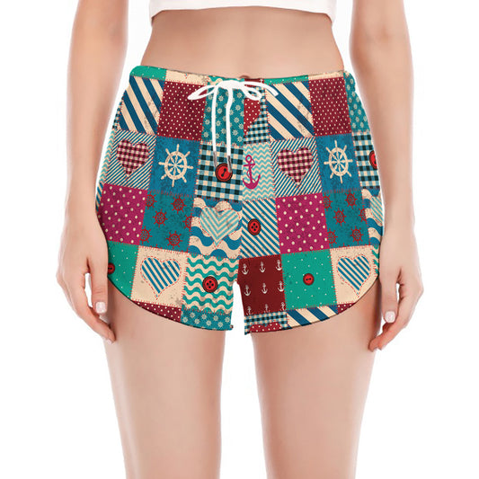 Retro Nautical Patchwork Pattern Print Women's Split Running Shorts