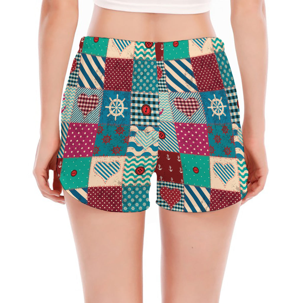 Retro Nautical Patchwork Pattern Print Women's Split Running Shorts