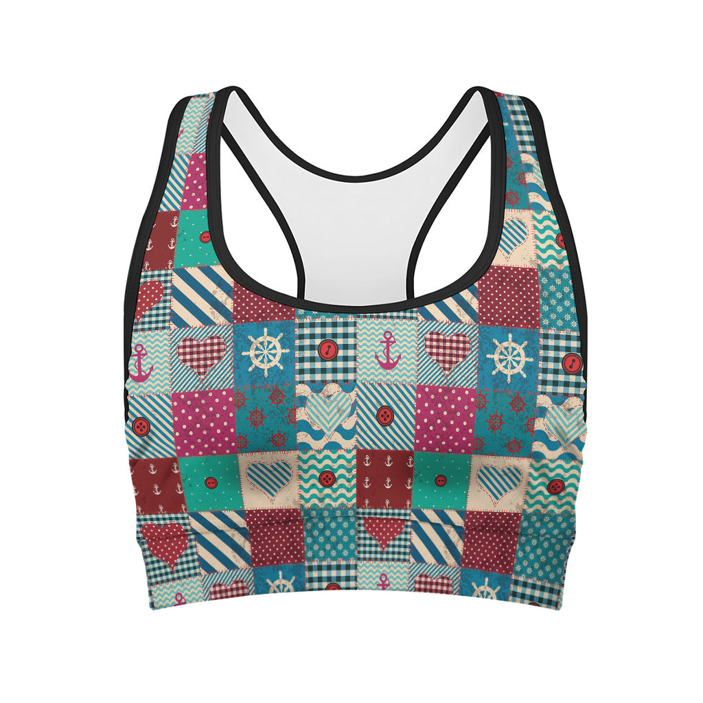 Retro Nautical Patchwork Pattern Print Women's Sports Bra