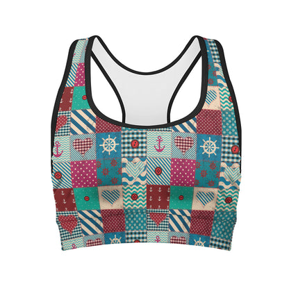 Retro Nautical Patchwork Pattern Print Women's Sports Bra