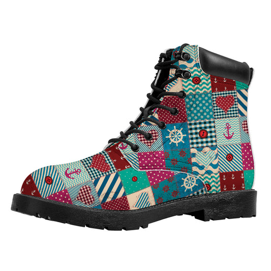 Retro Nautical Patchwork Pattern Print Work Boots