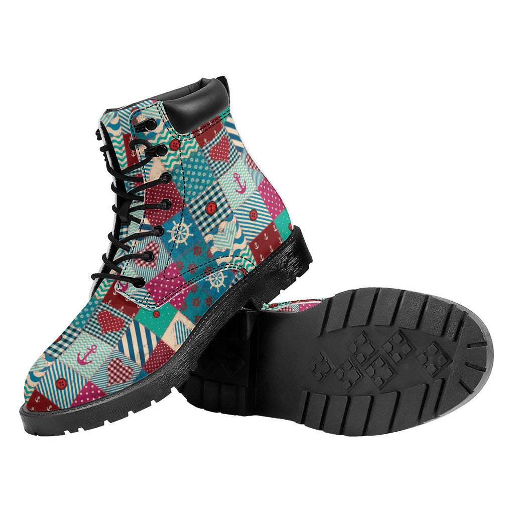 Retro Nautical Patchwork Pattern Print Work Boots