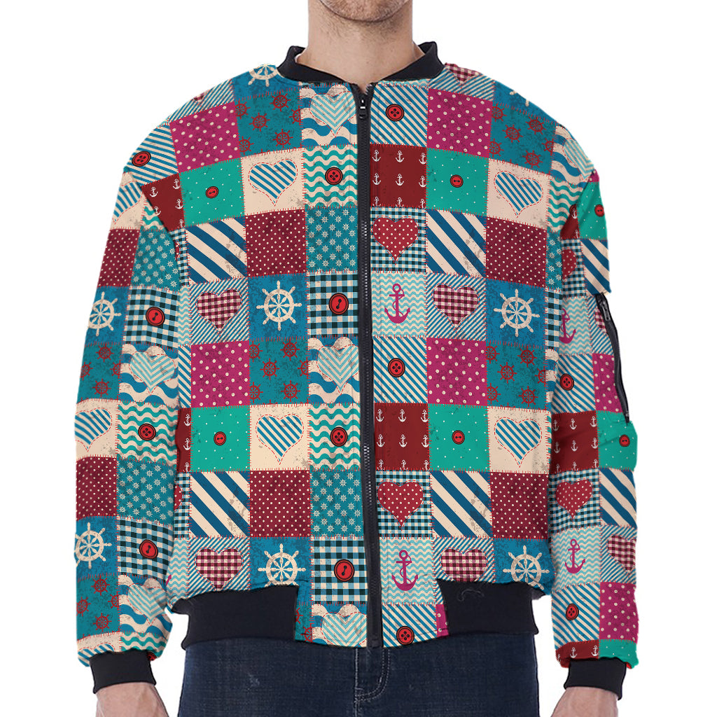 Retro Nautical Patchwork Pattern Print Zip Sleeve Bomber Jacket
